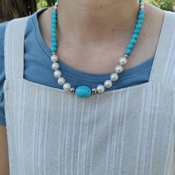 Shell Pearls, Blue Howlite and Turquoise Necklace with Stainless Steel