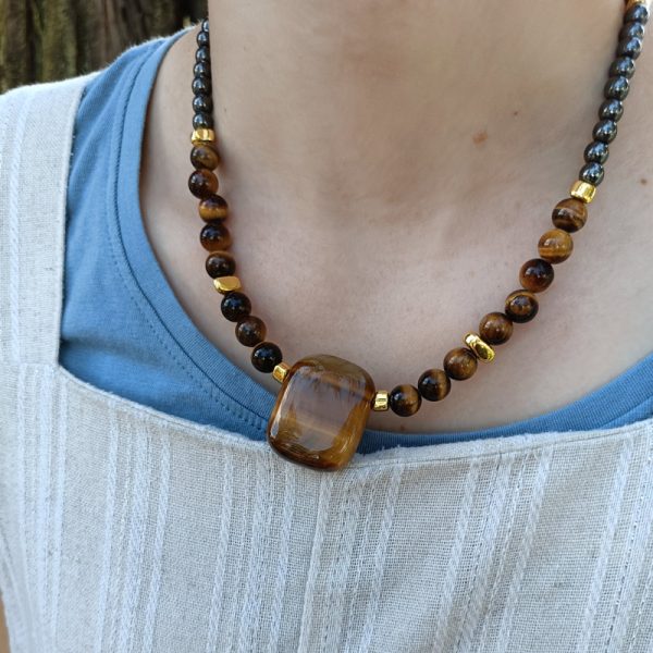 Tigers Eye, Hematite and Stainless Steel Necklace