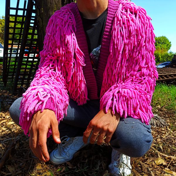 Crocheted bright pink shaggy cardigan