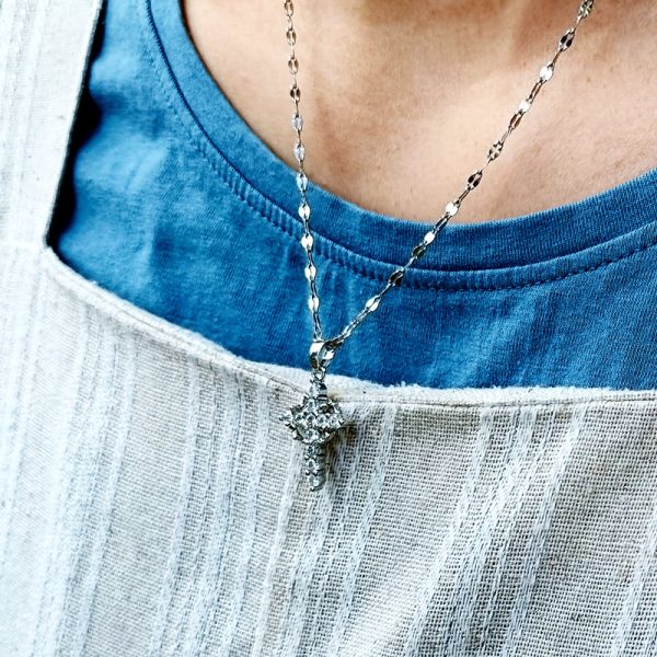 Stainless Steel Cross on Chain with Synthetic Rhinestones